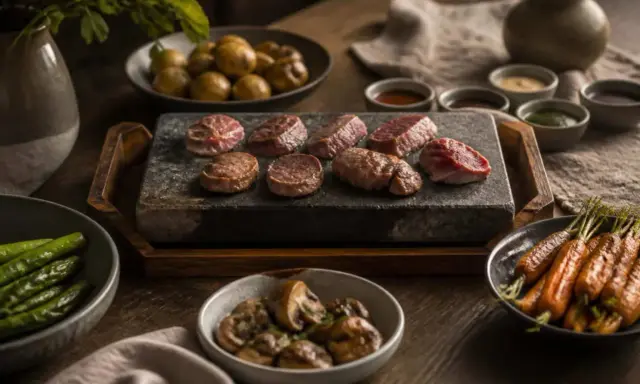 Viandes sur pierre chaude, accompagnées de pommes de terre, carottes, champignons et haricots verts. Quelle sauce pour une pierrade ? Plusieurs petits ramequins de sauces sont disposés.