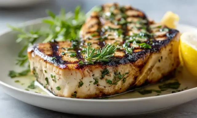 Un épais morceau d'espadon grillé, garni d'herbes fraîches et d'un quartier de citron, sur une assiette blanche.