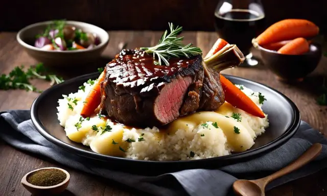 Un succulent jarret de boeuf, nappé de sauce, servi sur une purée onctueuse, accompagné de carottes et d'une touche de romarin.