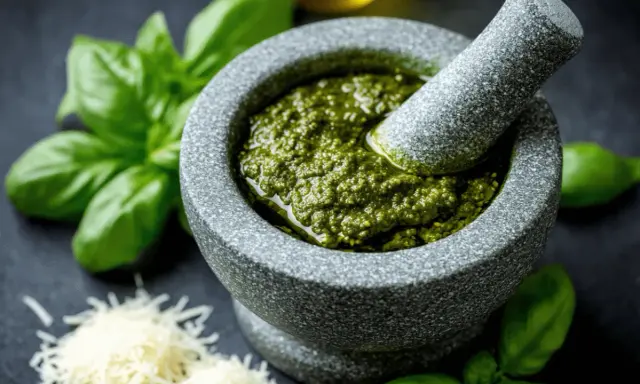 Mortier en pierre rempli de pesto maison, avec du basilic frais et du parmesan râpé à proximité.