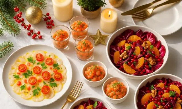 Une **plancha de Noël** festive avec carpaccio de Saint-Jacques, tartare de saumon et salades colorées. Bougies et décorations de fête.
