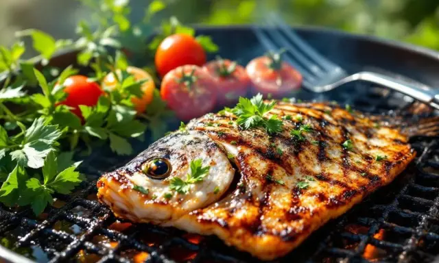 Maquereau grillé sur barbecue Weber, avec tomates et persil. Le temps de cuisson parfait pour un poisson savoureux.
