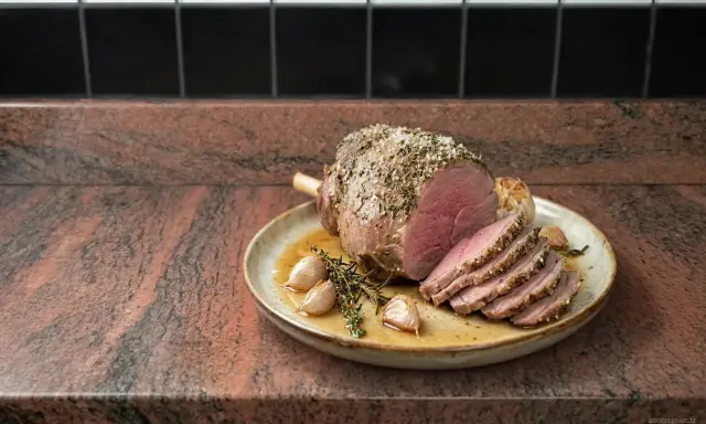 Un délicieux roti d'agneau au four, tranché et servi avec de l'ail rôti et des herbes sur une assiette.