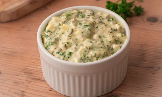 Sauce pour viande froide crémeuse avec des morceaux d'œufs durs et des herbes fraîches, servie dans un ramequin blanc sur une table en bois.