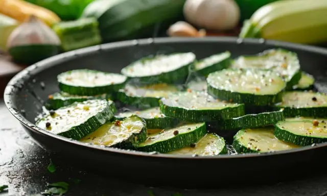 Tranches de courgettes assaisonnées cuisant dans une poêle, prêtes pour une délicieuse recette de courgette à la poêle.