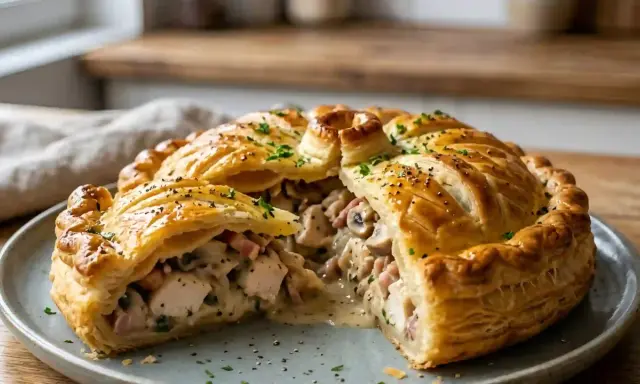 Une tourte au poulet dorée et feuilletée, garnie de poulet, champignons et lardons, prête à être dégustée.