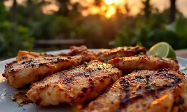 Assiette de poulet boucané grillé, garnie d'herbes et d'une tranche de citron vert, au coucher du soleil.