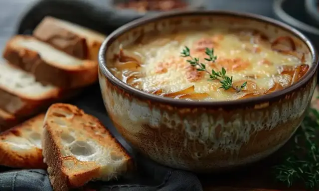 Un bol de soupe à l'oignon gratinée, avec du pain grillé à côté. Une recette réconfortante pour les journées froides.