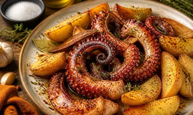 Un plat appétissant de poulpe grillé, aux tentacules enroulés, servi avec des quartiers de pommes de terre dorées et des herbes fraîches.