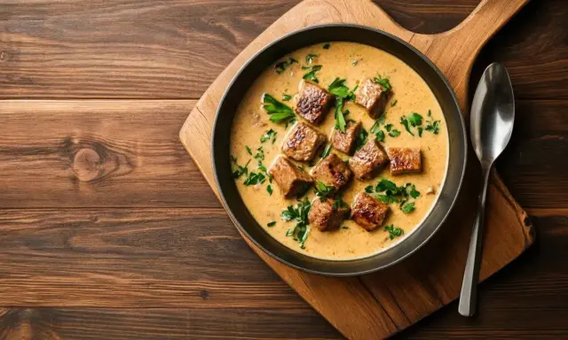 Un plat de veau en sauce crémeuse, parsemé de persil frais, prêt à être dégusté. Une sauce pour accompagner le veau qui promet saveur et onctuosité.