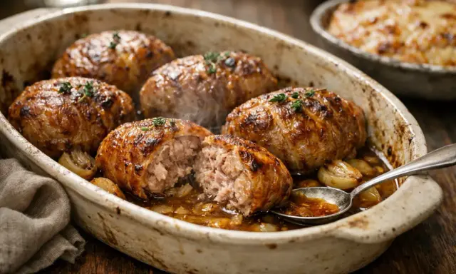 Six savoureuses crepinettes de porc dorées, servies dans un plat en terre cuite avec des oignons caramélisés et une sauce savoureuse.
