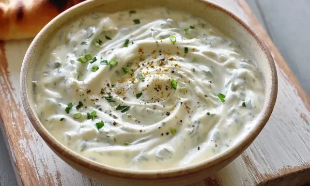 Un bol de sauce blanche crémeuse, garnie d'herbes fraîches et d'épices, prête à accompagner un pain grillé.