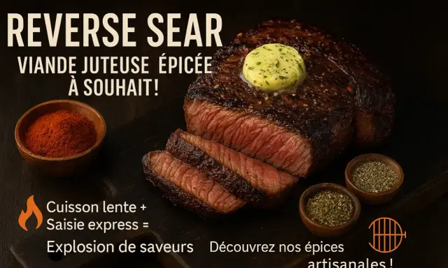Un steak tendre et juteux, cuit à la perfection, garni de beurre aux herbes. Accompagné de paprika et d'épices pour une explosion de saveurs.