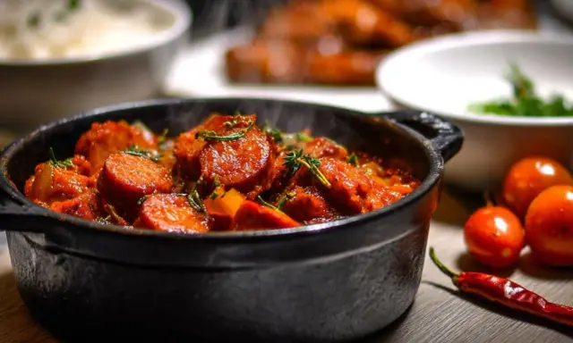 Un plat fumant de rougail saucisse, garni d'herbes fraîches, avec des tomates et un piment rouge à côté.