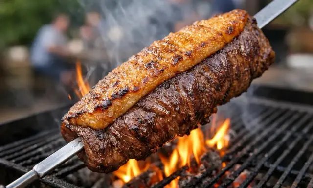 Un morceau de viande juteux sur une broche, cuisant au-dessus des flammes vives. Un vrai barbecue brésilien, prêt à être dégusté.
