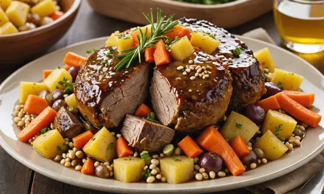 Un plat de veau de 7h, tendre et juteux, nappé d'une sauce brillante, entouré de pommes de terre, carottes, olives et haricots.
