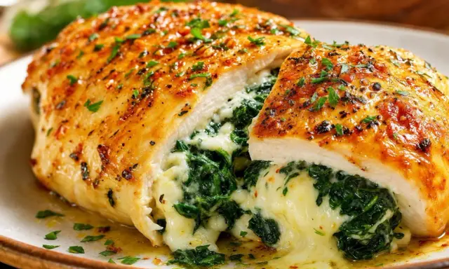 Un délicieux poulet farci aux épinards et au fromage fondant, garni de persil frais.