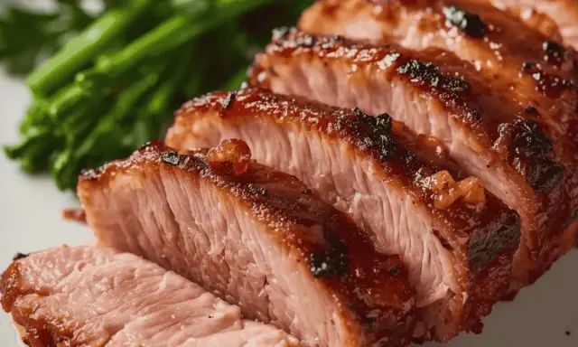 Tranches de magret de canard grillé, juteuses et caramélisées, servies avec des légumes verts.