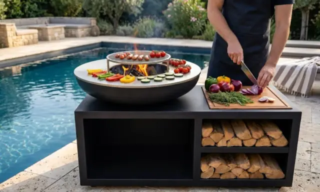 Un homme prépare des légumes pour le barbecue, près d'une piscine. Le culottage de la plancha inox est prêt pour la cuisson.