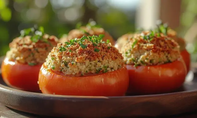 Tomates provençales garnies d'une chapelure dorée et d'herbes fraîches, servies sur un plat en bois.
