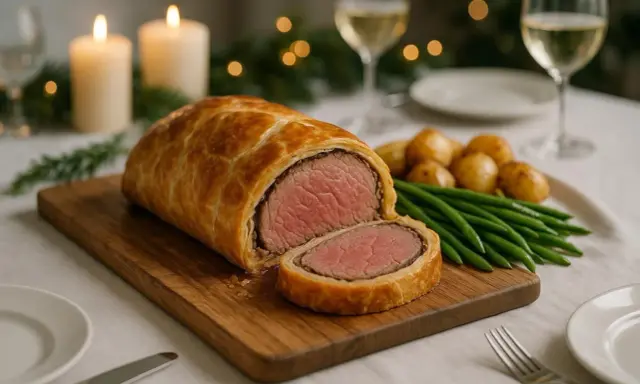 Un festin de viande en croûte, tendre et juteuse, servie avec des pommes de terre rôties et des haricots verts. Une ambiance chaleureuse avec des bougies et des guirlandes lumineuses.
