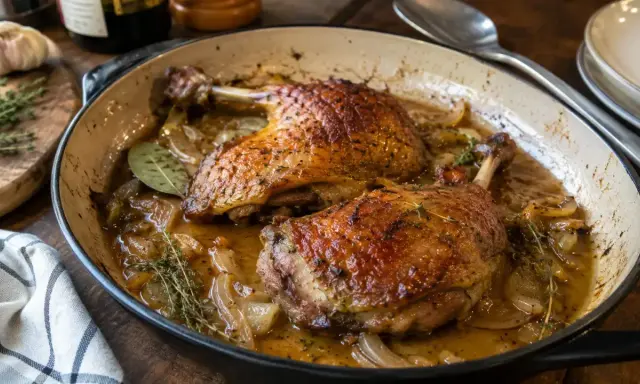 Deux cuisses de canard au four, dorées et juteuses, mijotent dans leur jus avec des oignons et des herbes.