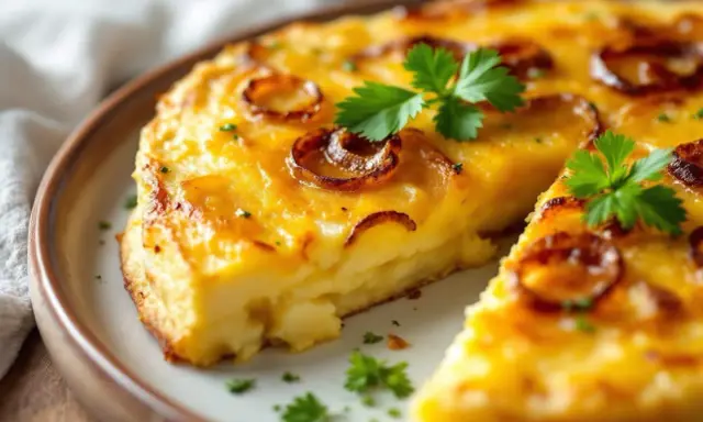 Une tranche de tortilla espagnole dorée, garnie d'oignons caramélisés et de persil frais, sur une assiette.