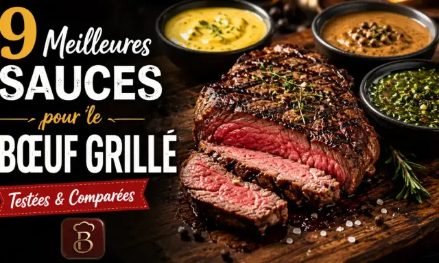 Un steak grillé juteux, coupé en tranches, accompagné de trois sauces : béarnaise, poivre et chimichurri. Découvrez la meilleur sauce pour steak !