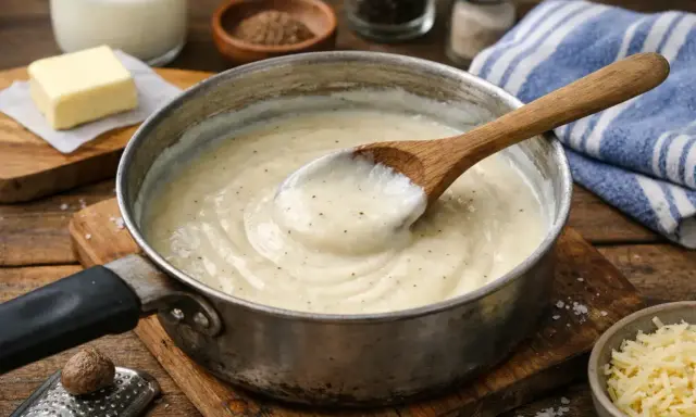 Une cuillère en bois remue une béchamel crémeuse dans une casserole. Ingrédients pour la recette bechamel : lait, beurre, noix de muscade râpée.