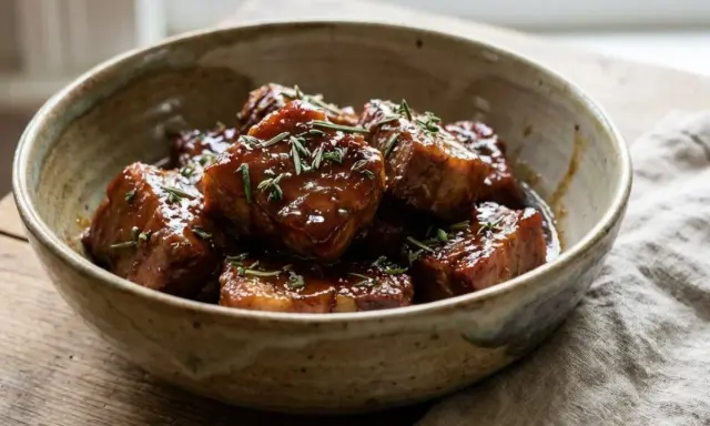Un bol rustique rempli de morceaux de porc au caramel brillants, garnis de romarin frais. Un délice gourmand.