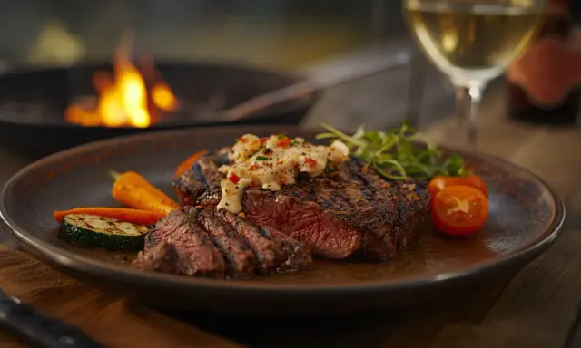 Un savoureux bavette à l'échalote, grillé à la perfection, servi avec des légumes rôtis et une sauce crémeuse. Un délice pour les yeux et les papilles.