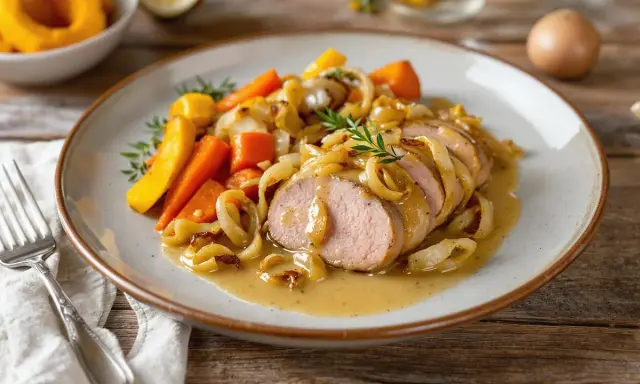 Délicieuse recette gastronomique de filet mignon de porc, servi avec des carottes et des oignons caramélisés, nappé d'une sauce onctueuse.