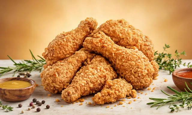Pile de délicieux nuggets maison croustillants, accompagnés de sauces et de romarin frais.