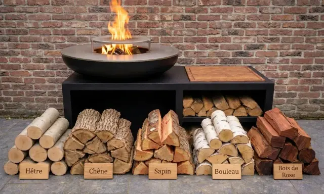 Bûches de bois pour brasero sans fumée : hêtre, chêne, sapin, bouleau et bois de rose, prêtes à l'emploi.