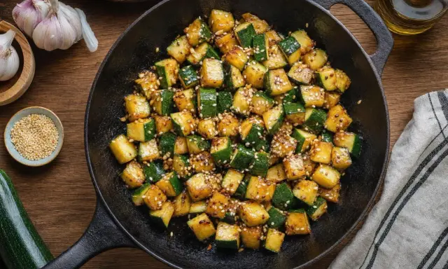 Courgettes sautées, parsemées de sésame, dans une poêle. Une idée pour les meilleures recettes de courgettes.
