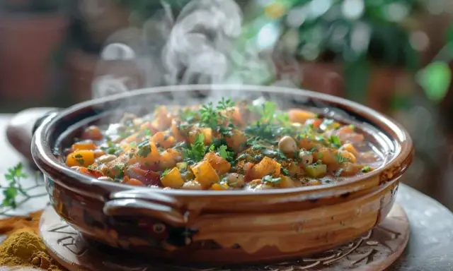 Un délicieux tajine marocain fumant, rempli de légumes colorés et d'épices, prêt à être dégusté.