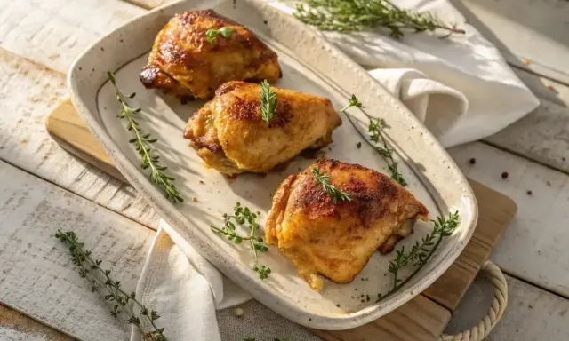 Trois morceaux de poulet au four dorés et juteux, garnis de thym frais sur un plat en céramique.