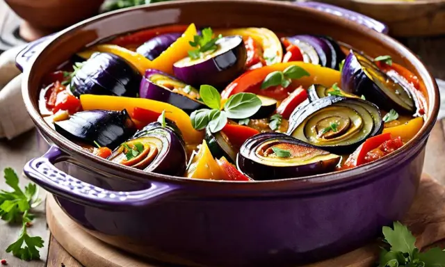 Un plat de ratatouille provençale aux aubergines, poivrons et tomates, garni de persil frais. Un délice coloré prêt à être dégusté.