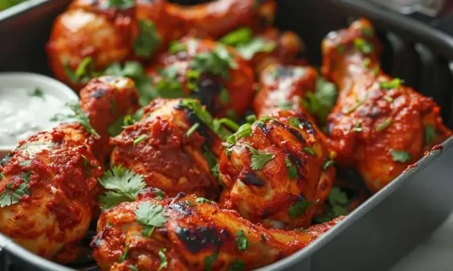 Un plat de poulet tandoori, bien épicé et garni de coriandre fraîche, prêt à être dégusté.