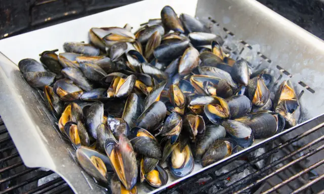 Un plateau de moules au barbecue, prêtes à être dégustées. Les coquilles sombres et orangées s'entrouvrent sous la chaleur des braises.