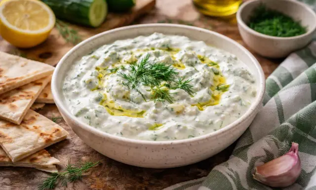 Sauce tzatziki crémeuse, garnie d'aneth frais et d'un filet d'huile d'olive, servie avec du pain pita et des ingrédients frais.