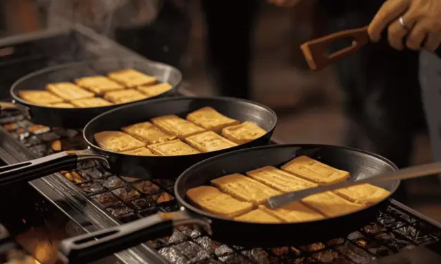 Des tranches de fromage fondent dans des poêles sur un raclette barbecue. Un ustensile en bois retourne délicatement les morceaux dorés.