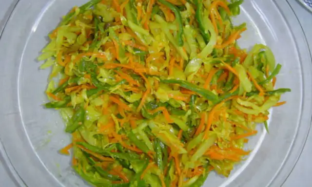 Un plat coloré d'achard de légumes, mêlant carottes râpées, chou et poivrons verts, prêt à être dégusté.