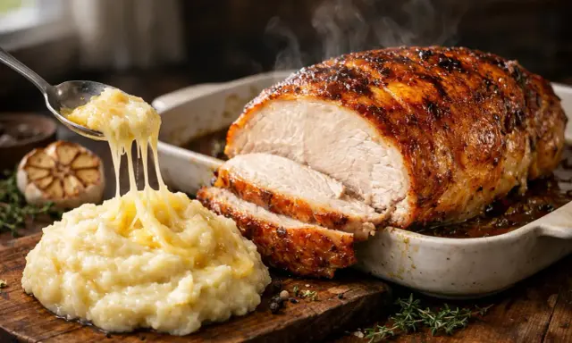 Un savoureux roti de dinde au four, fumant et doré, servi avec une purée de pommes de terre onctueuse et un ail rôti.