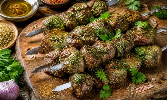 Brochettes de viande grillée, parsemées d'herbes vertes. Parfaites avec quelles sauces pour accompagner des brochettes ? Huile d'olive, épices et ail à proximité.
