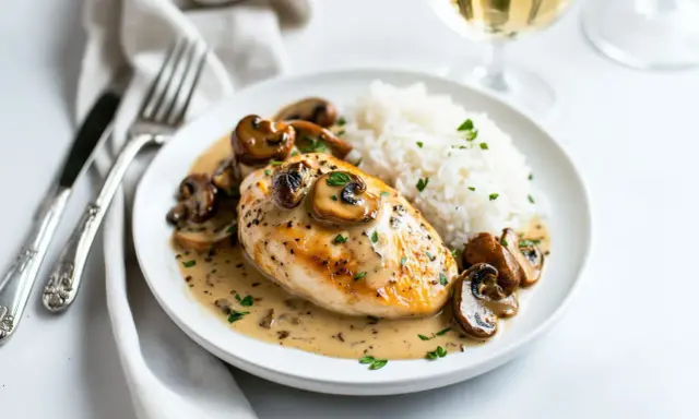 Un délicieux poulet aux morilles à la crème, servi avec du riz blanc et garni de persil frais. Un plat savoureux et réconfortant.