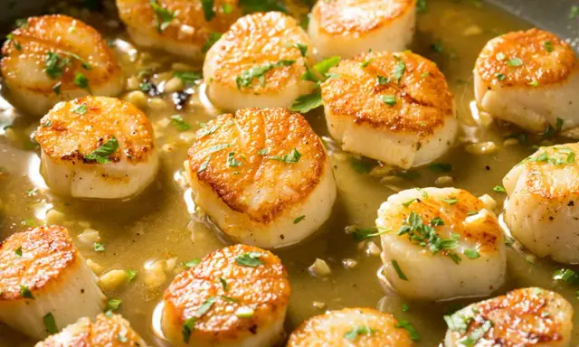 Saint-jacques dorées dans une sauce savoureuse, parfaites pour un temps de cuisson au barbecue rapide et délicieux.