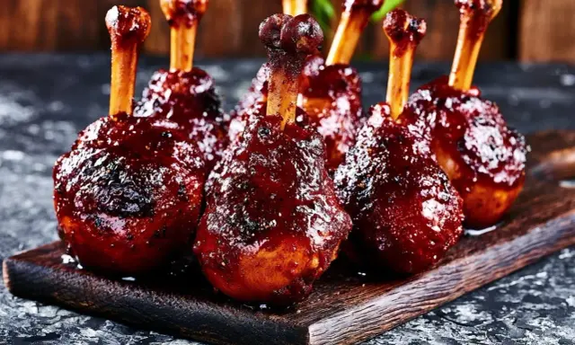 Délicieux chicken lollipops enrobés d'une sauce barbecue brillante, prêts à être dégustés sur une planche en bois rustique.