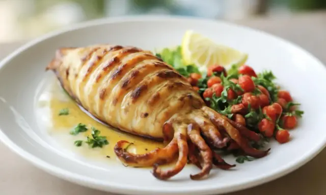Un encornet grillé, parfaitement marqué, baigne dans une sauce dorée, accompagné d'une salade de tomates cerises et d'une tranche de citron.