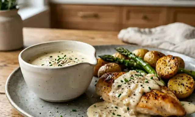 Un plat de poulet rôti avec des pommes de terre, des asperges et une sauce échalote crémeuse, garnie de ciboulette fraîche.